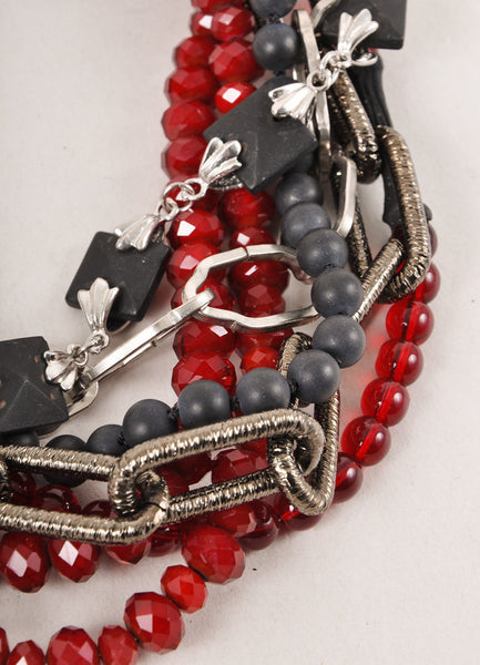 New Dark Red and Black Multi-strand Chain, Bead, and Stud Choker Necklace