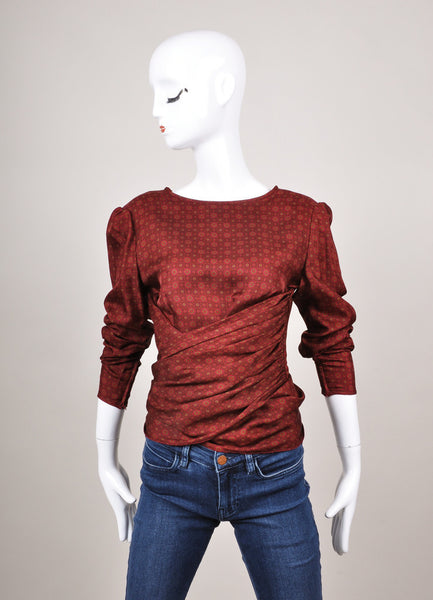 Dark Red Patterned Long Sleeve Wrap Tie Blouse