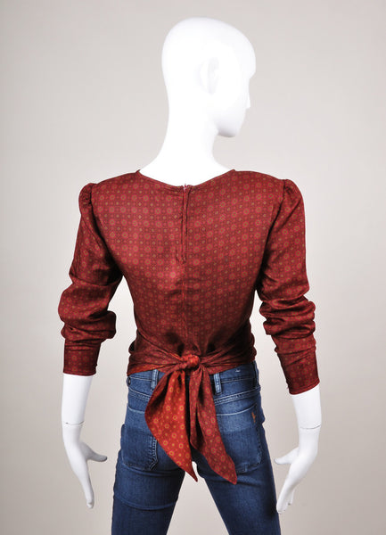 Dark Red Patterned Long Sleeve Wrap Tie Blouse