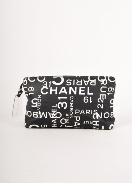 Black and White Printed Canvas Zip Pouch