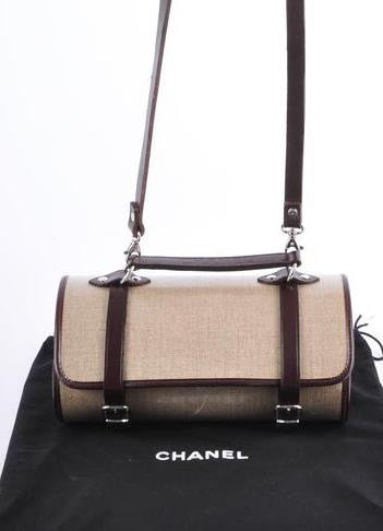 Beige and Brown Lacquered Linen Buckle Barrel Bag