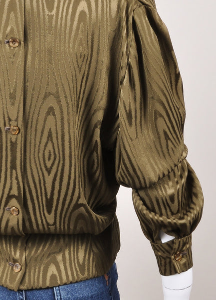 Olive Green Wood Print Button Up Top