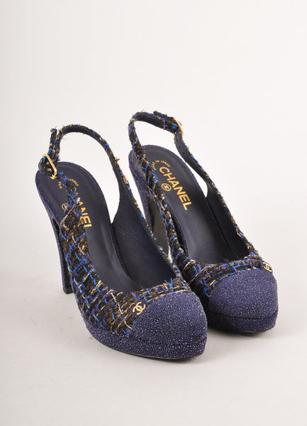 Blue and Gold Woven "CC" Cap Toe Slingback Pumps