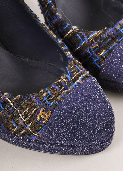 Blue and Gold Woven "CC" Cap Toe Slingback Pumps