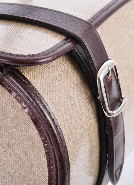 Beige and Brown Lacquered Linen Buckle Barrel Bag