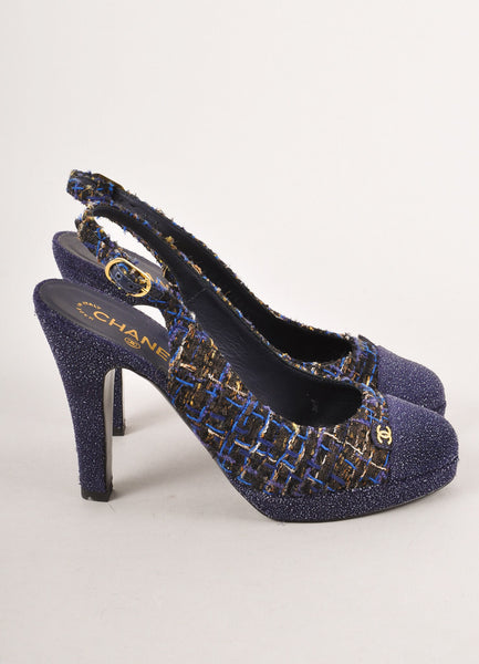 Blue and Gold Woven "CC" Cap Toe Slingback Pumps