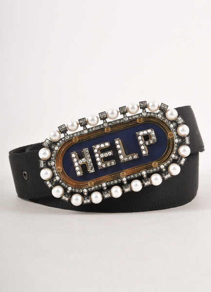 New With Tags Black "HELP" Rhinestone and Pearl Embellished Buckle Belt