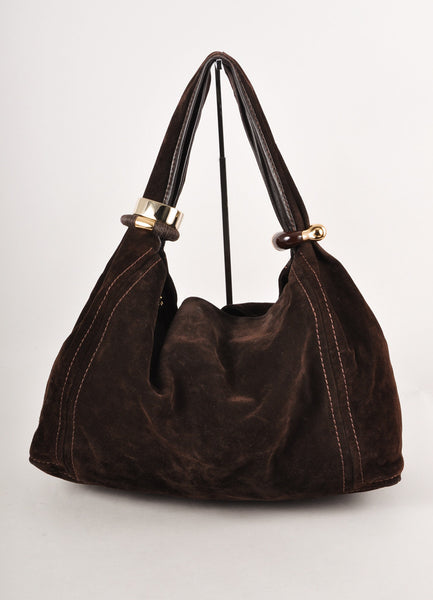 Brown and Gold Suede Chunky Ring Detail "Saba" Hobo Bag