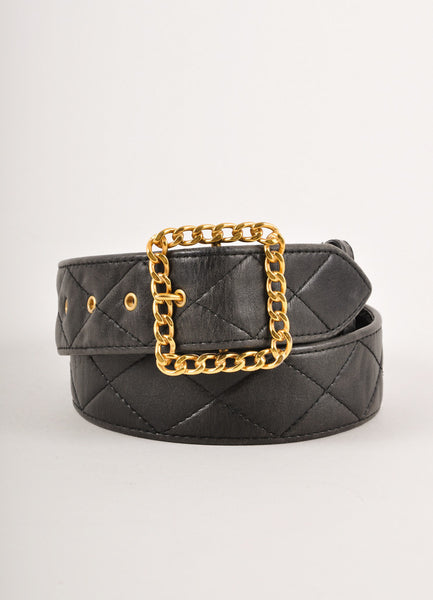 Black Quilted Leather Belt With Gold Toned Chain Link Buckle