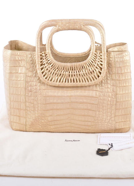 Gold Crocodile Leather Structured Handbag