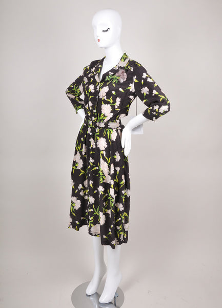 New With Tags Black, Grey, and Green Floral Print Belted Three Quarter Length Sleeve Shirt Dress