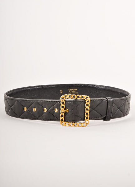 Black Quilted Leather Belt With Gold Toned Chain Link Buckle