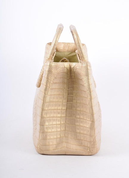 Gold Crocodile Leather Structured Handbag