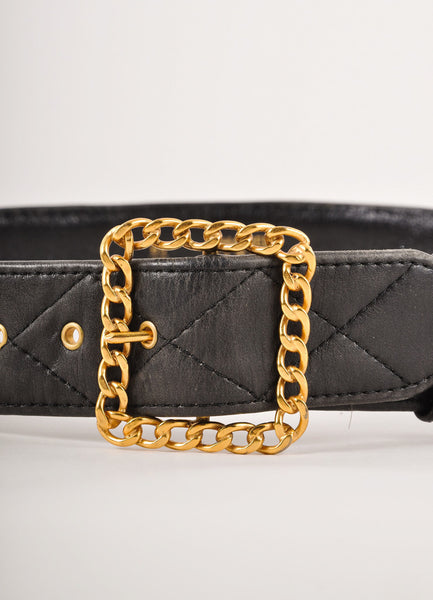 Black Quilted Leather Belt With Gold Toned Chain Link Buckle