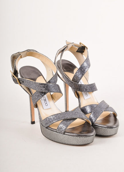 Grey and Silver Glitter Criss-Cross Strappy Platform Sandals