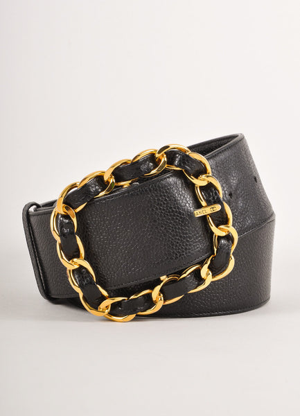 Black Caviar Leather Belt With Gold Toned Chain Buckle