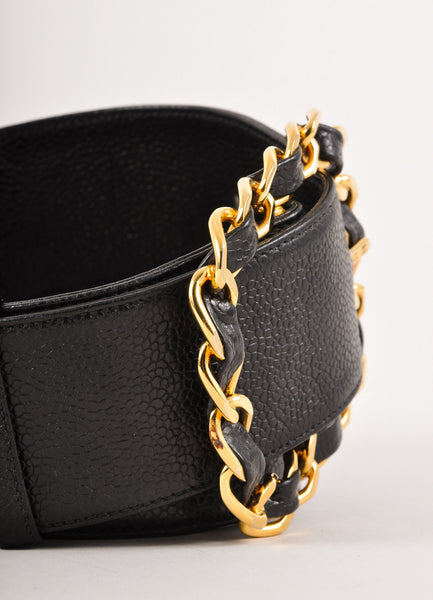 Black Caviar Leather Belt With Gold Toned Chain Buckle