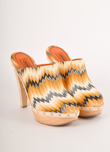 New Orange, Yellow, and Black Studded Wooden Heel Clogs