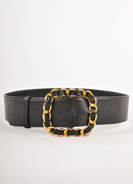 Black Caviar Leather Belt With Gold Toned Chain Buckle