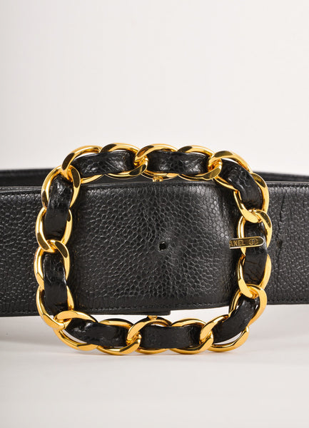 Black Caviar Leather Belt With Gold Toned Chain Buckle