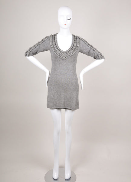 Grey Metallic Trim Cashmere and Silk Knit Three Quarter Length Sleeve Dress