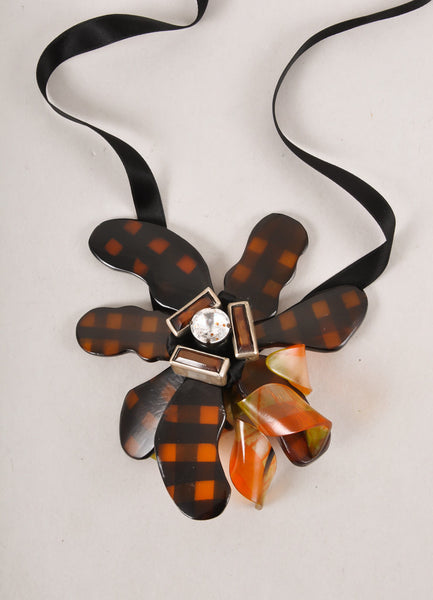 Black and Amber Floral Rhinestone Detail Tie Necklace