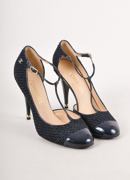 Navy Blue Knit Patent Cap Toe T-Strap Pumps