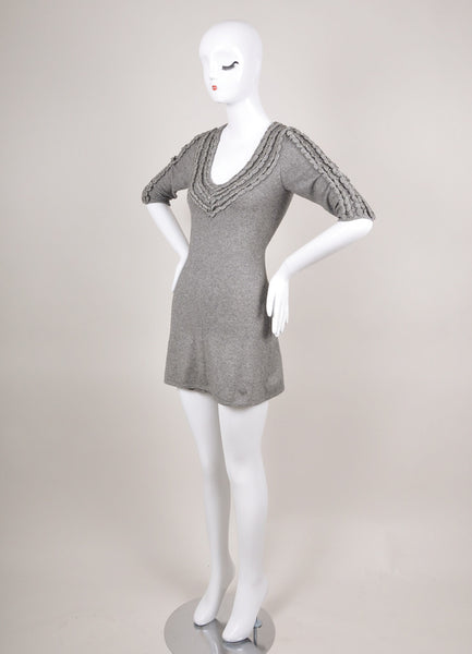 Grey Metallic Trim Cashmere and Silk Knit Three Quarter Length Sleeve Dress