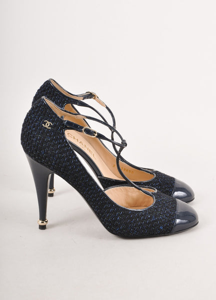 Navy Blue Knit Patent Cap Toe T-Strap Pumps