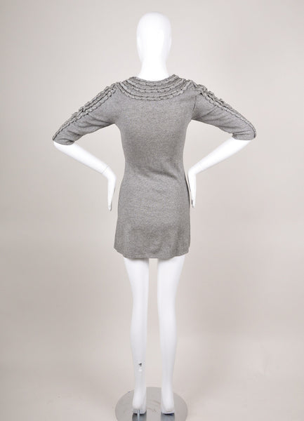 Grey Metallic Trim Cashmere and Silk Knit Three Quarter Length Sleeve Dress