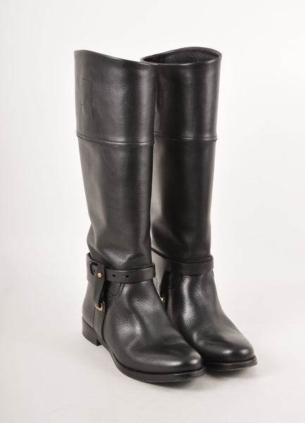 Black Leather Knee High Harness Riding Boots