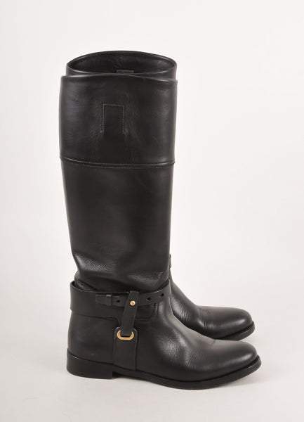 Black Leather Knee High Harness Riding Boots