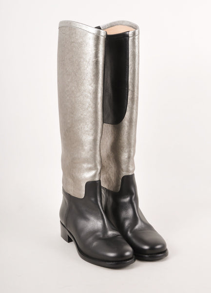 Black and Silver Metallic "CC" Embroider Knee High Leather Riding Boots