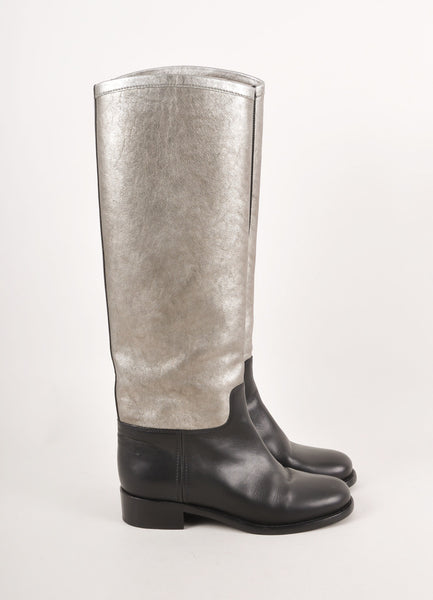 Black and Silver Metallic "CC" Embroider Knee High Leather Riding Boots