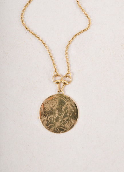 Gold Toned Floral and Butterfly Etched Circle Pendant Necklace