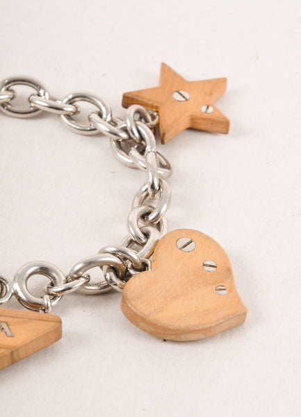 Silver Toned and Brown Wooden Charm Rolo Chain Bracelet