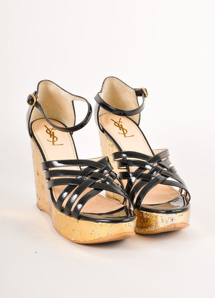 Black and Gold Patent Leather Strappy Cork Wedge Sandals