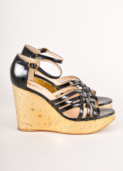 Black and Gold Patent Leather Strappy Cork Wedge Sandals