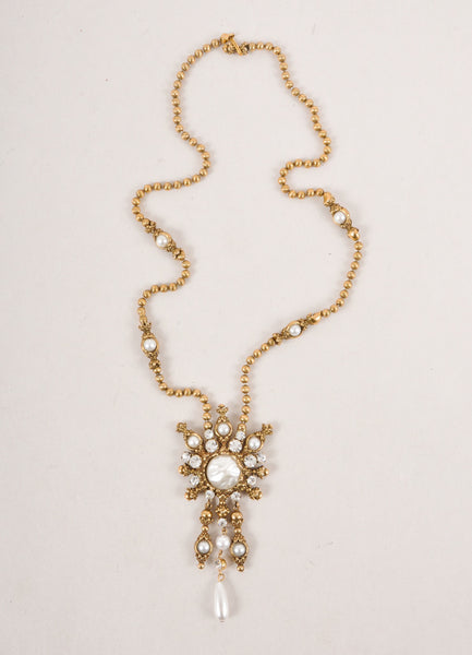 Gold Toned Textured Rhinestone and Pearl Style Pendant Necklace