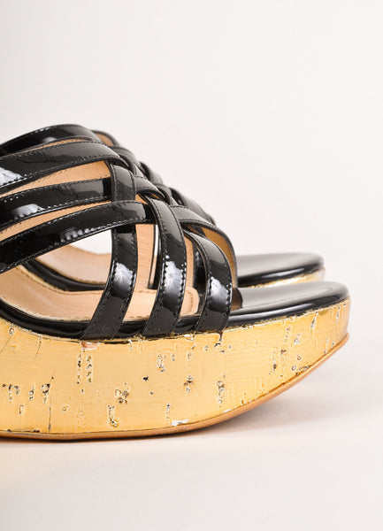 Black and Gold Patent Leather Strappy Cork Wedge Sandals