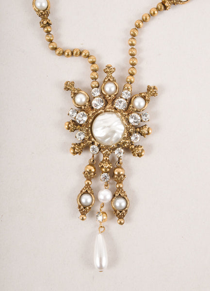 Gold Toned Textured Rhinestone and Pearl Style Pendant Necklace