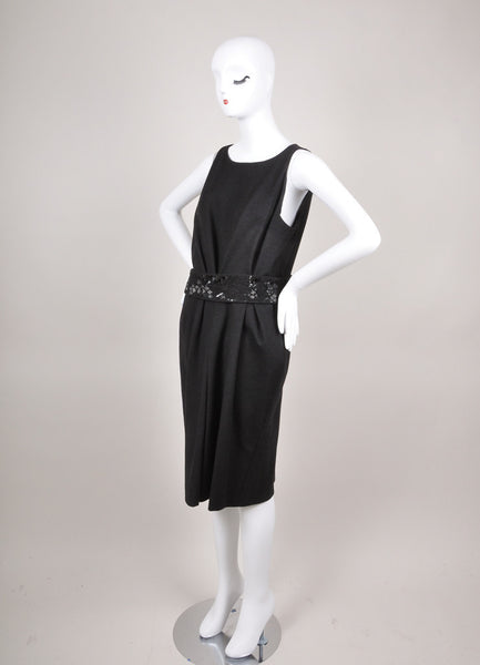 New With Tags Black Wool Jersey Sleeveless Dress with Embellished Belt