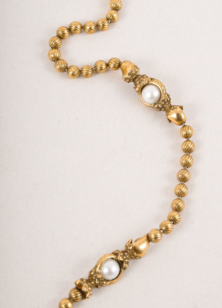 Gold Toned Textured Rhinestone and Pearl Style Pendant Necklace