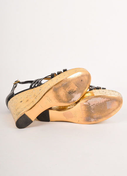 Black and Gold Patent Leather Strappy Cork Wedge Sandals