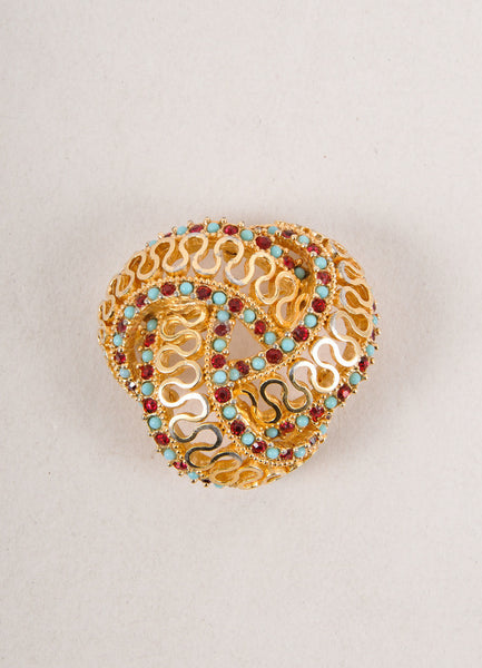 Gold Toned, Blue, and Red Rhinestone Embellished Filigree Knot Pin