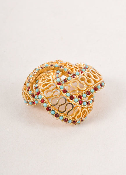 Gold Toned, Blue, and Red Rhinestone Embellished Filigree Knot Pin