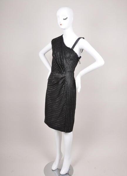 New With Tags Black and White Lattice Tweed Asymmetric Strap Sheath Dress