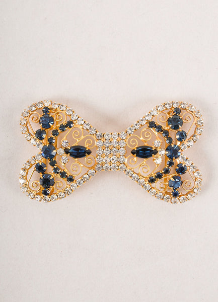 Gold Toned, Blue, and Clear Rhinestone Embellished Bow Belt Buckle