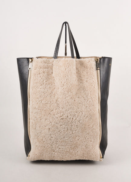 Black and Cream Leather and Shearling Gusset Cabas Tote Bag