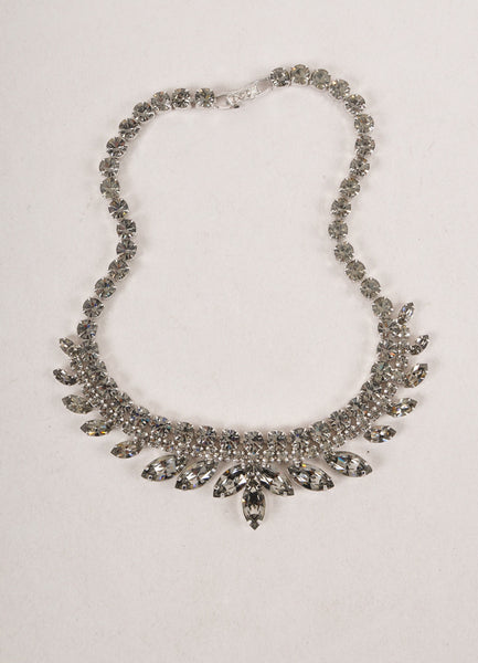 Grey and Silver Toned Crystal Rhinestone Embellished Evening Necklace